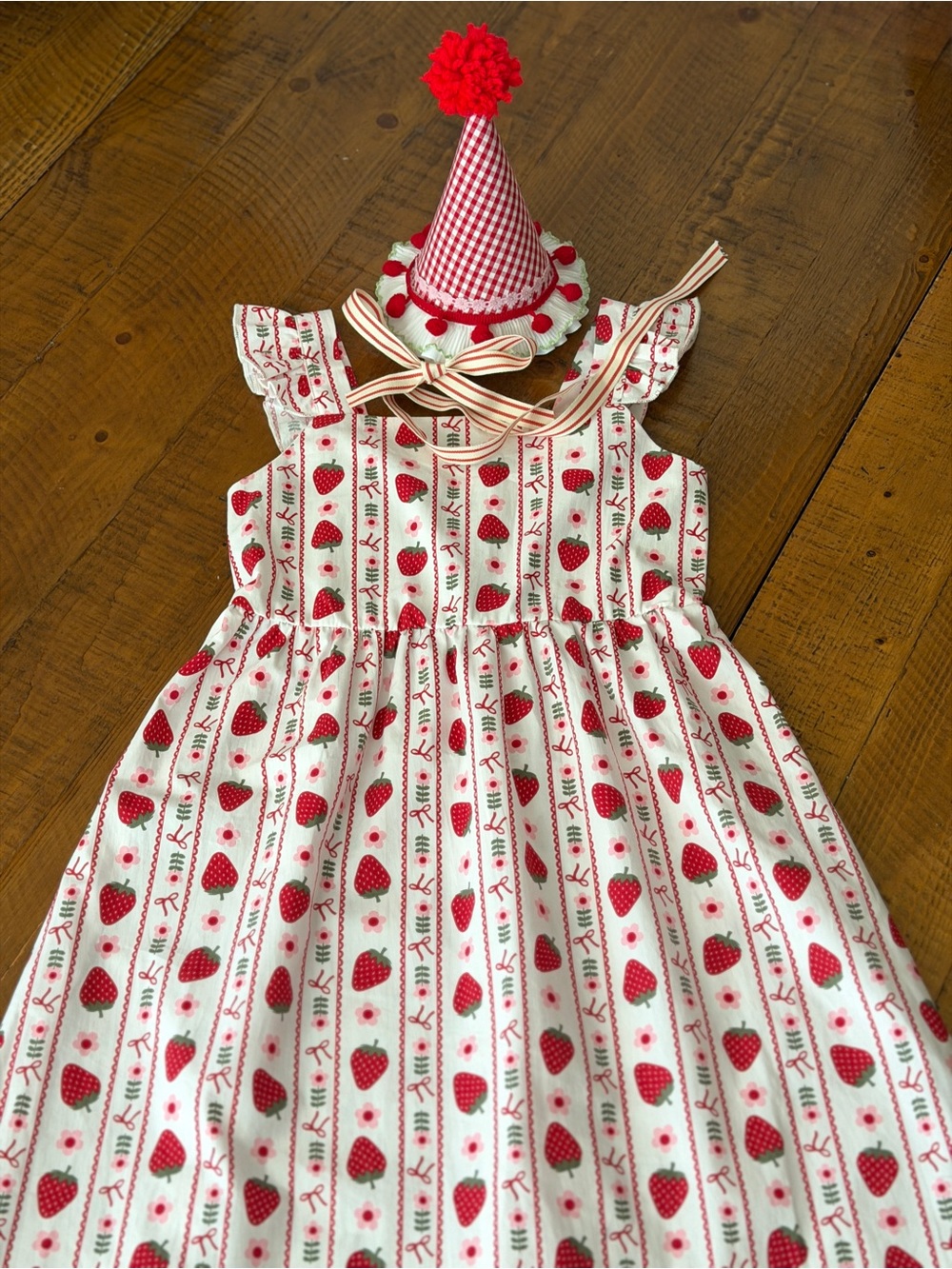 Birthday Party Dress/Sundress with Red Strawberry Print and birthday hat - Picture 6 of 16